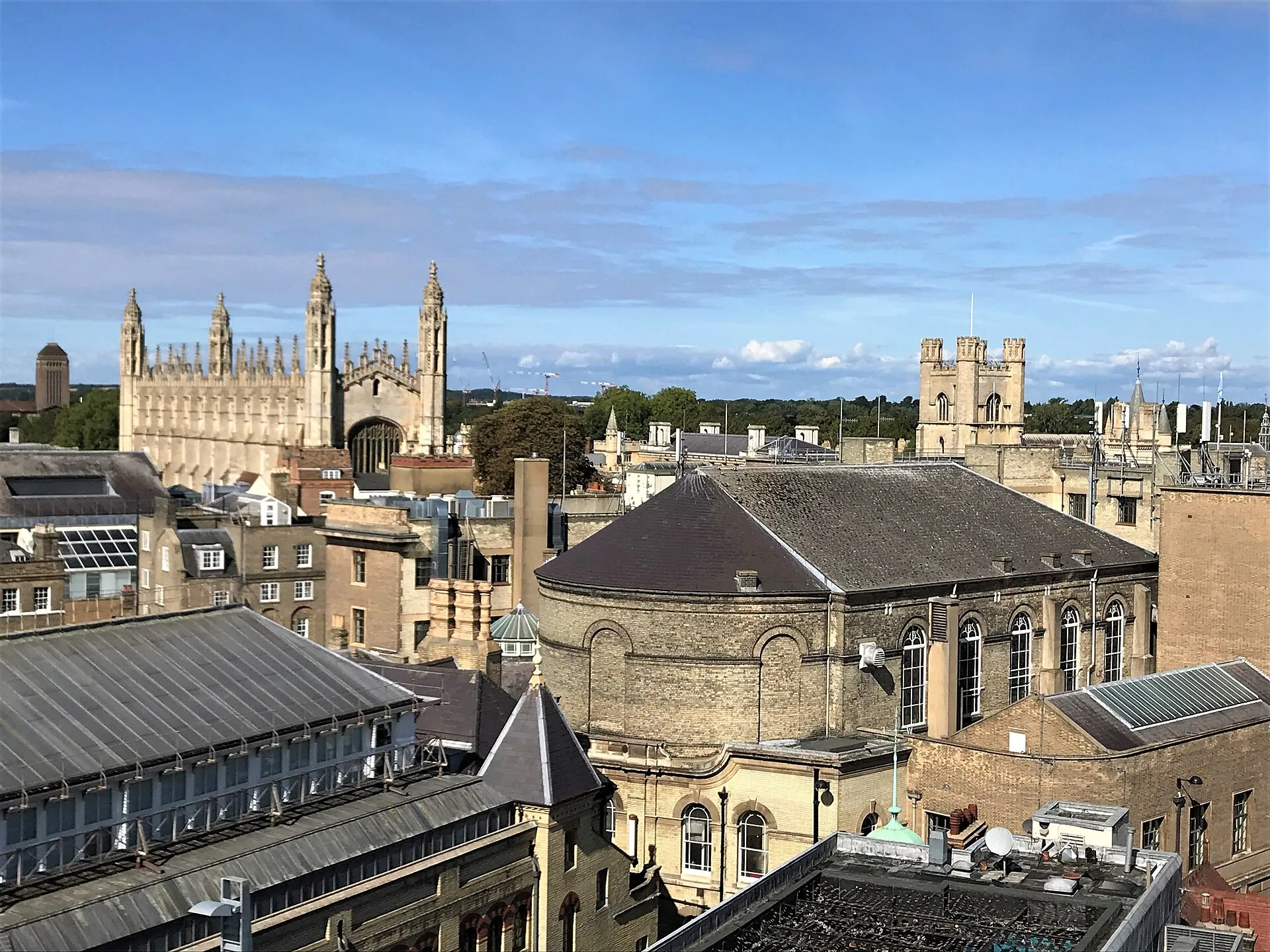 Rooftops and spires of central Cambridge, England, seen from above the Grand Arcade