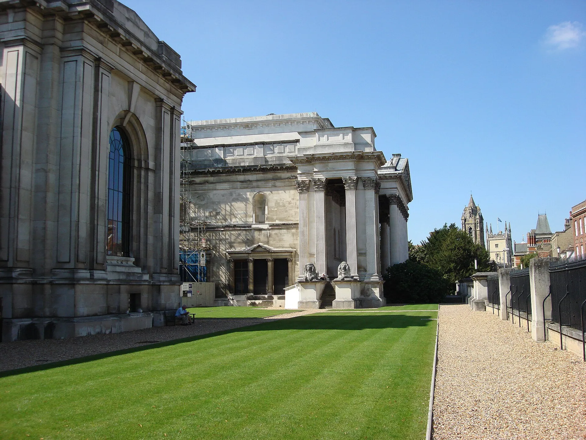 The classical portico and lawns of the Fitzwilliam Museum on Trumpington Street, Cambridge, England