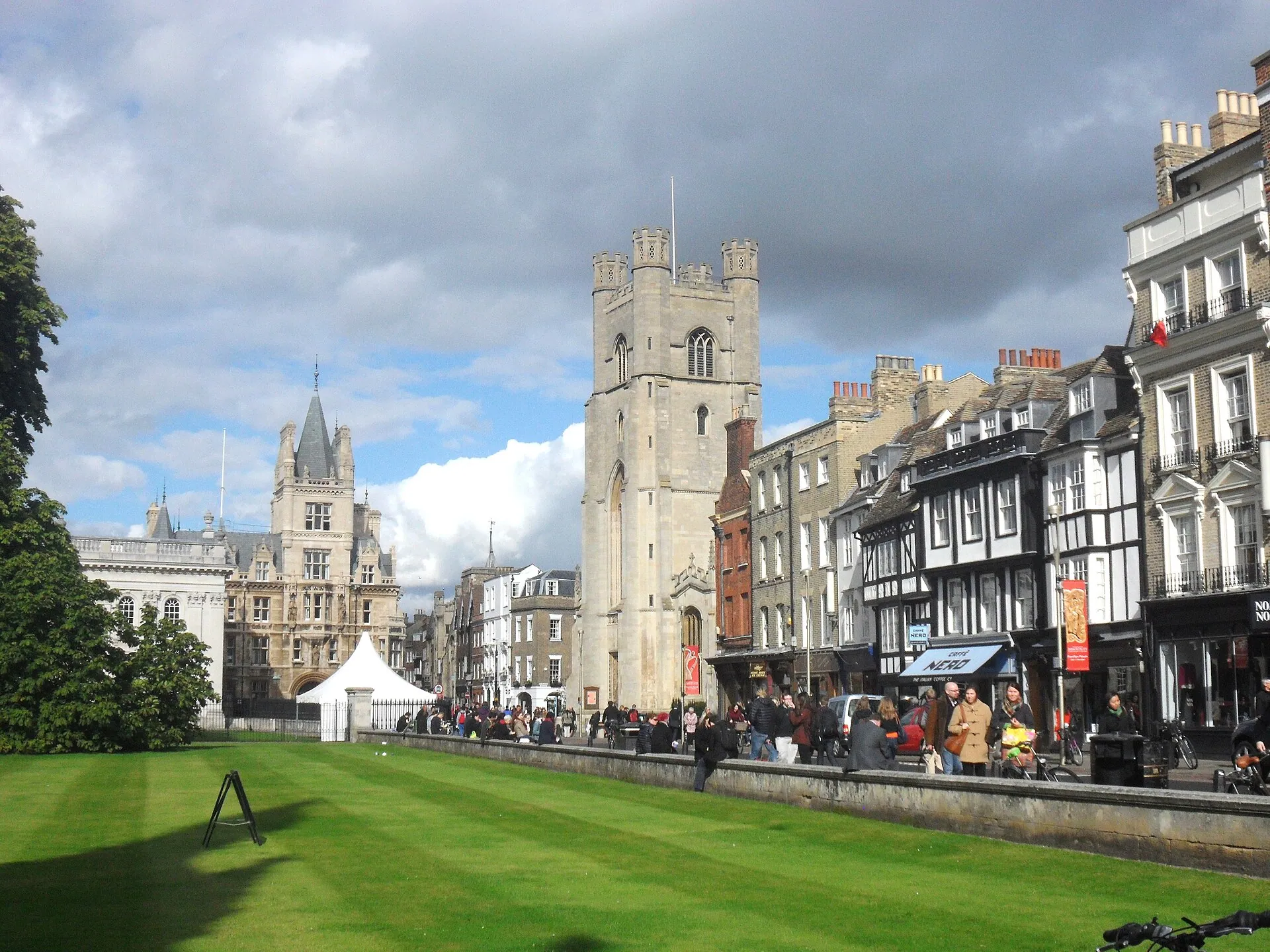 King's Parade in central Cambridge, England, with Great St Mary's Church and historic frontages